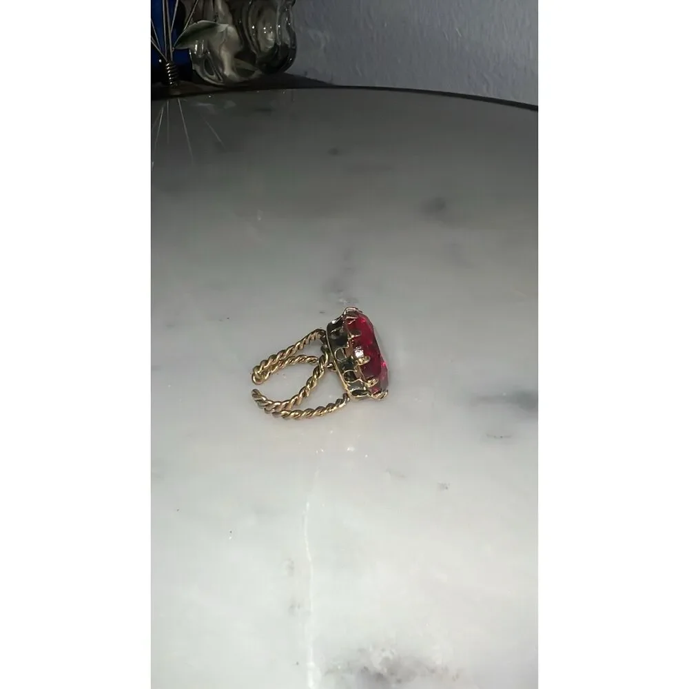 Vintage Ring Signed W Germany Red Glass Brass Twisted Metal Braided West Germany - Picture 6 of 10